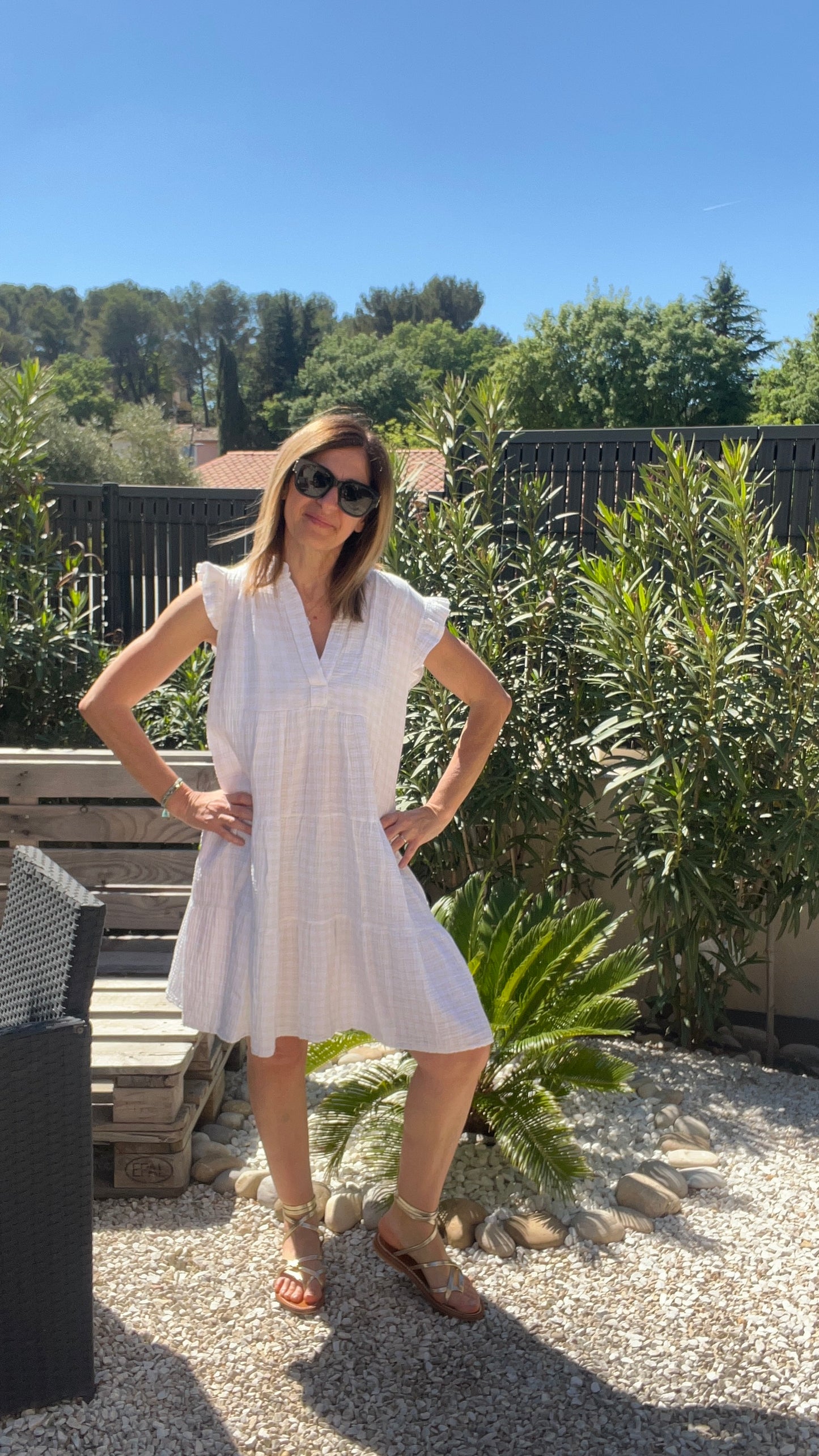 ROBE BLANC/BEIGE GAZE DE COTON
