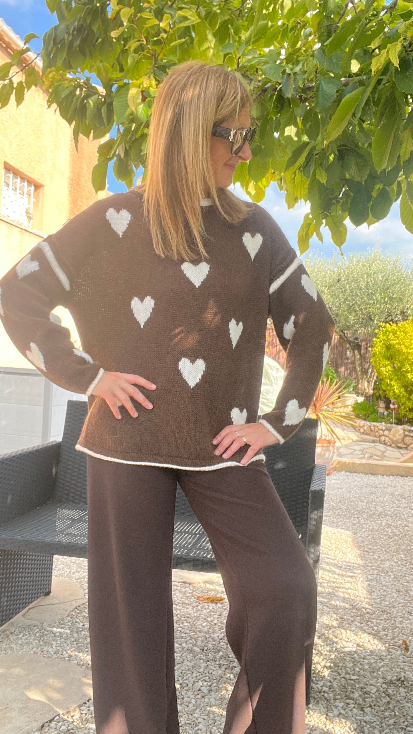 PULL CHOCOLAT/BEIGE COEUR