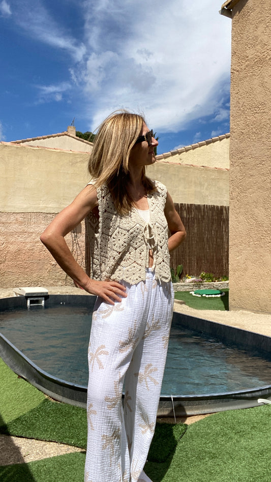 Pantalon blanc à motif palmiers "Tahiti"