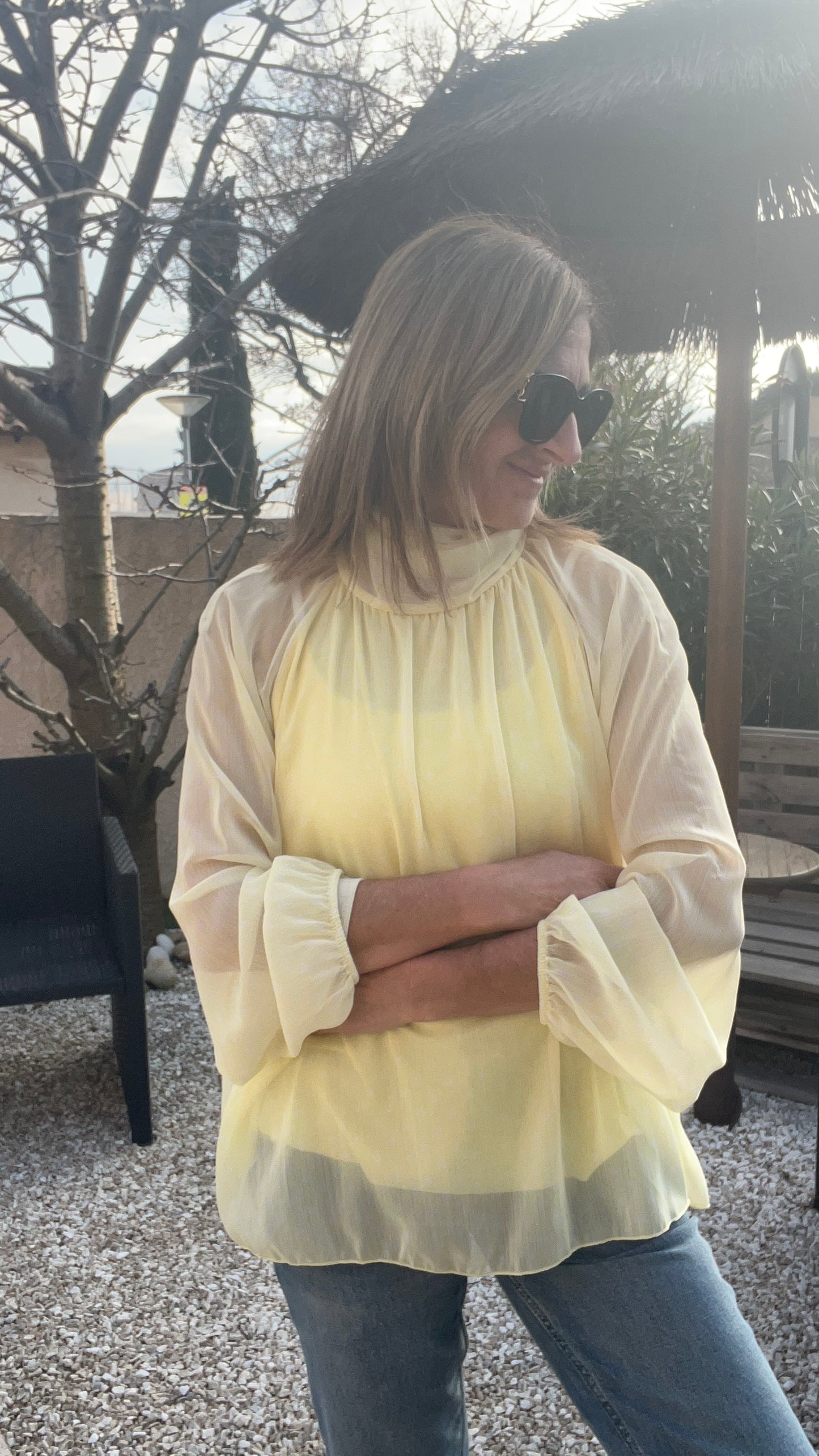 CHEMISIER  JAUNE A POIS BLANC