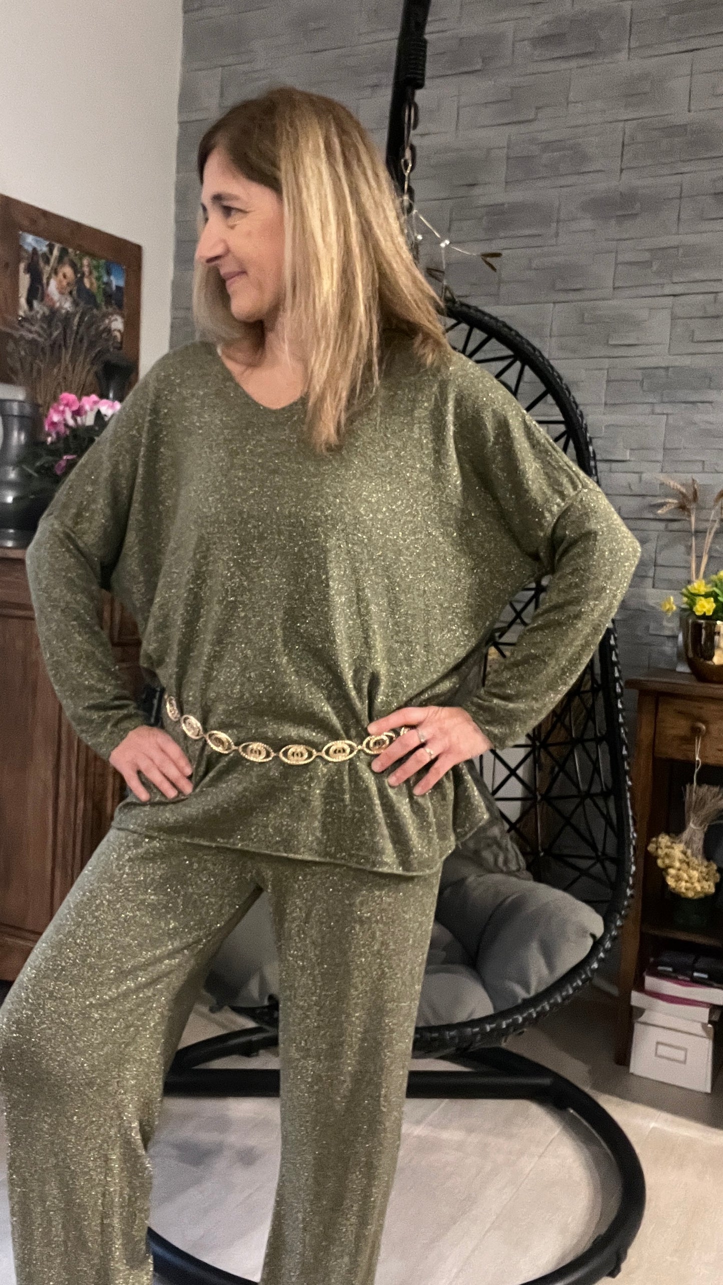 PANTALON FLUIDE PAILLETTES KAKI