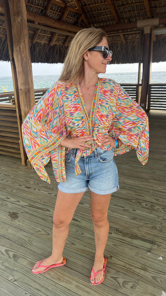 Kimono court à noeud "Orange/turquoise"