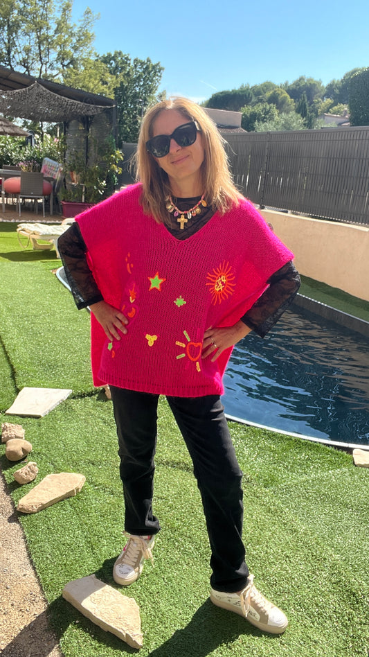 PULL PONCHO ROSE FLUO SANS MANCHES "ETOILE"