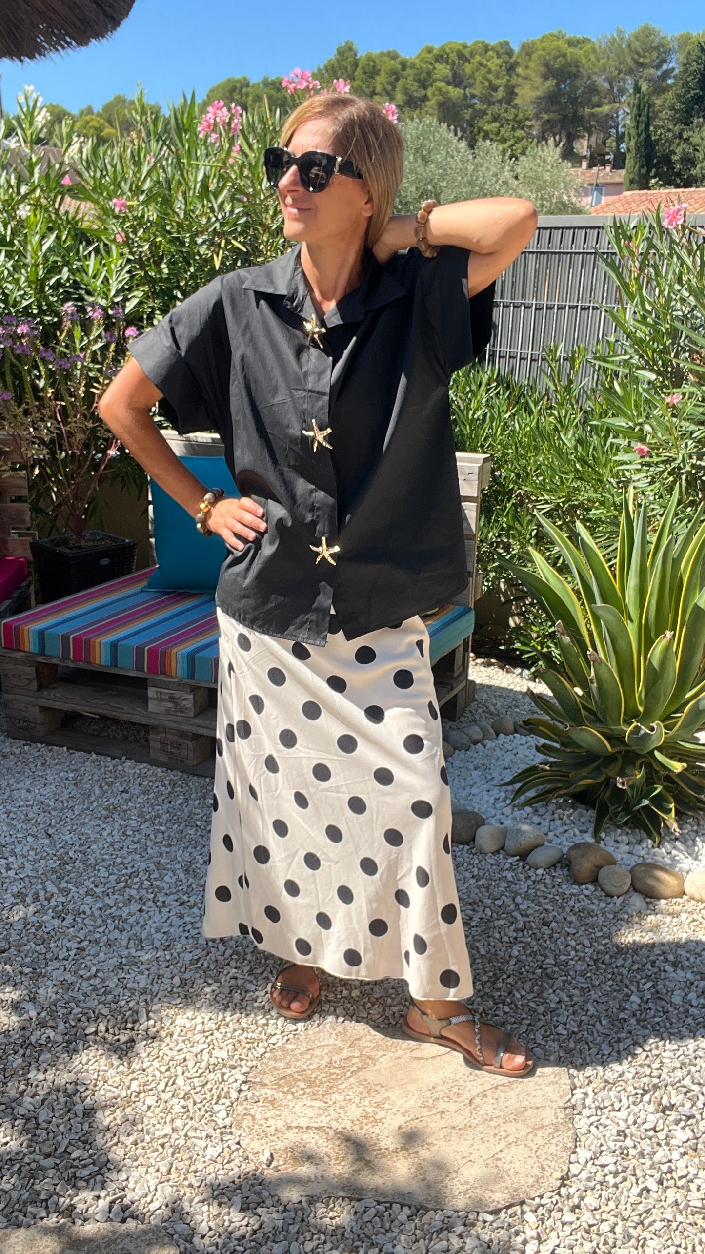 JUPE LONGUE BLANCHE "POIS NOIR"