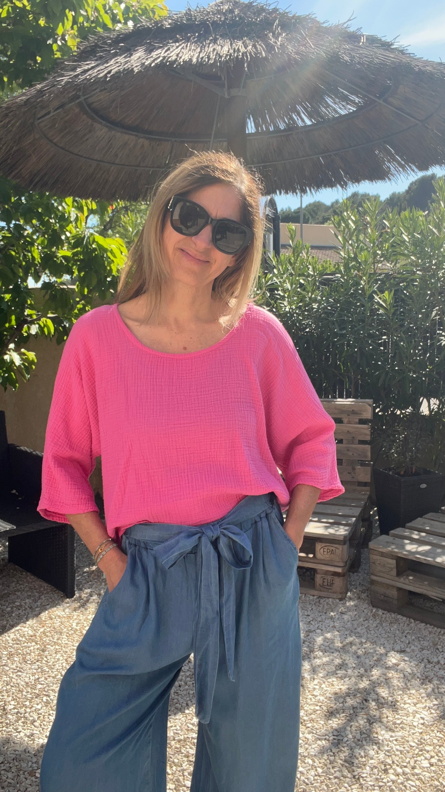 TEE SHIRT ROSE GAZE DE COTON