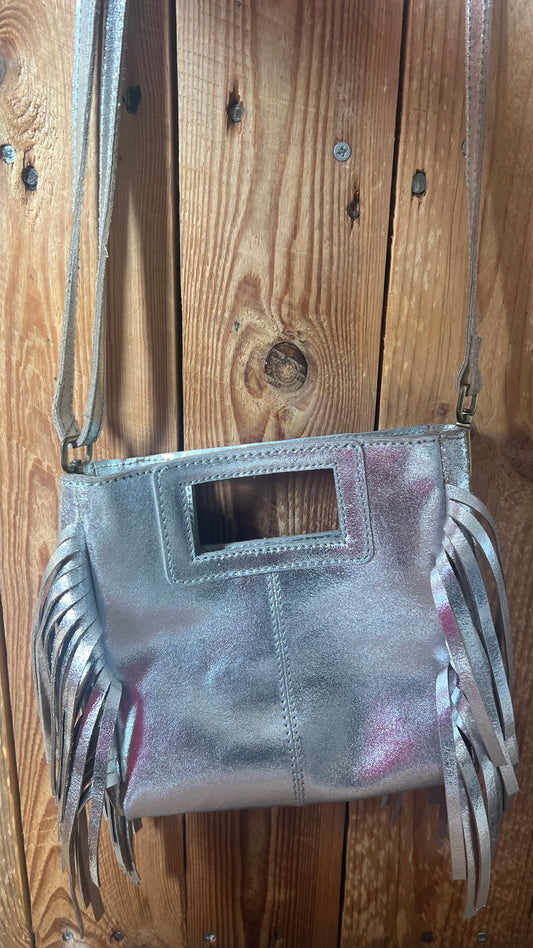 PETIT SAC EN CUIR ARGENT A FRANGES