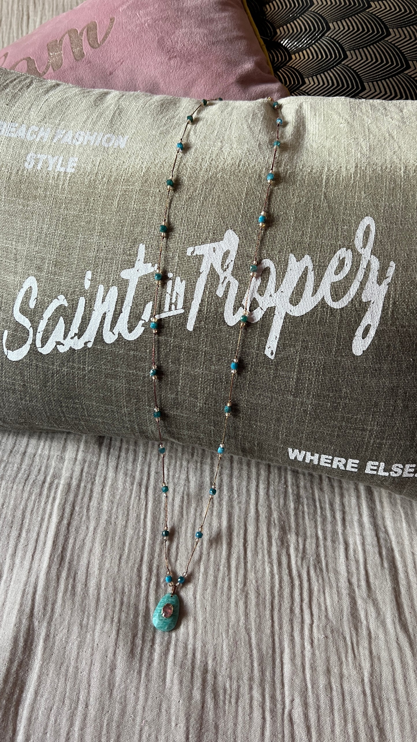 SAUTOIR BLEU TURQUOISE & PIERRE SEMI-PRECIEUSE BLEU "HABAHA"