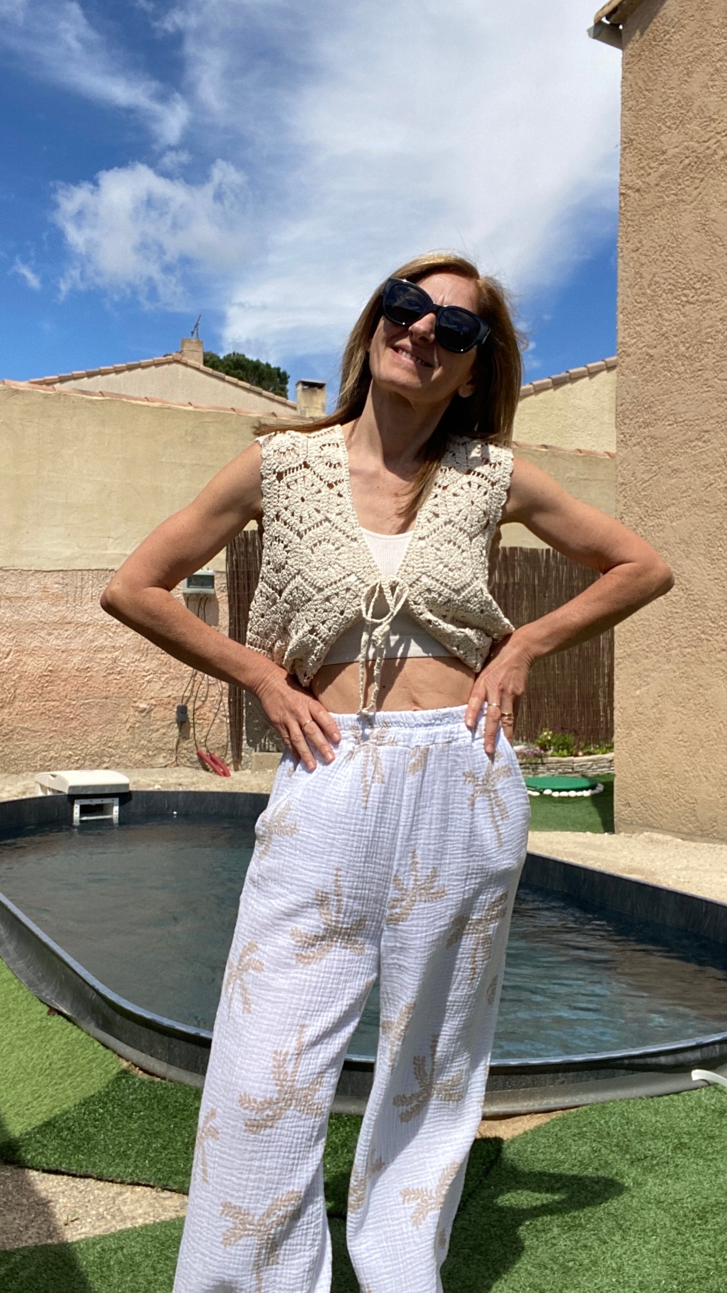 Pantalon blanc à motif palmiers "Tahiti"
