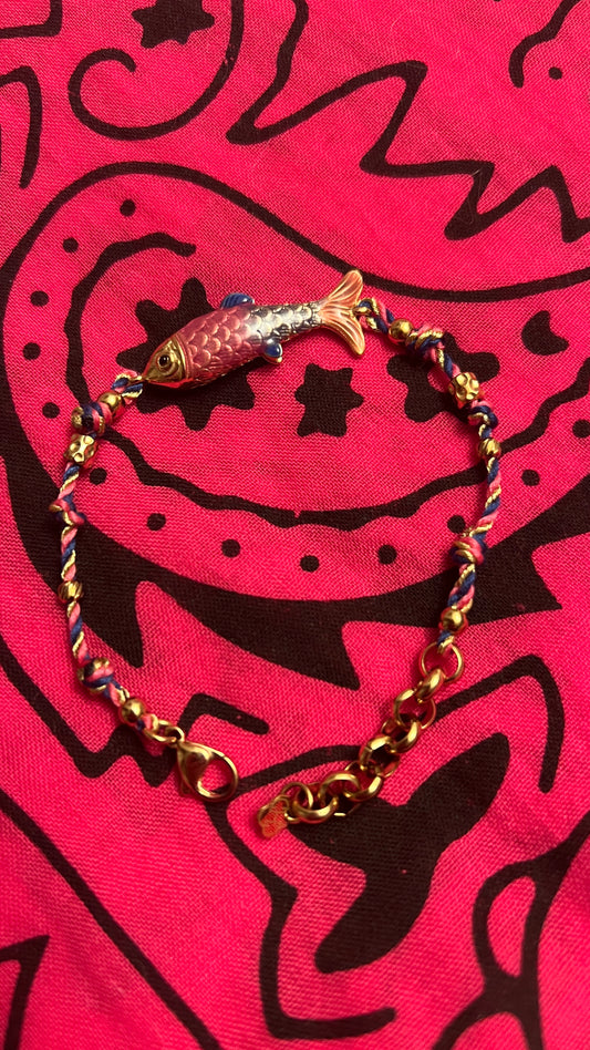 BRACELET TRESSE ROSE/BLEU/DORE & POISSON"HABAHA"