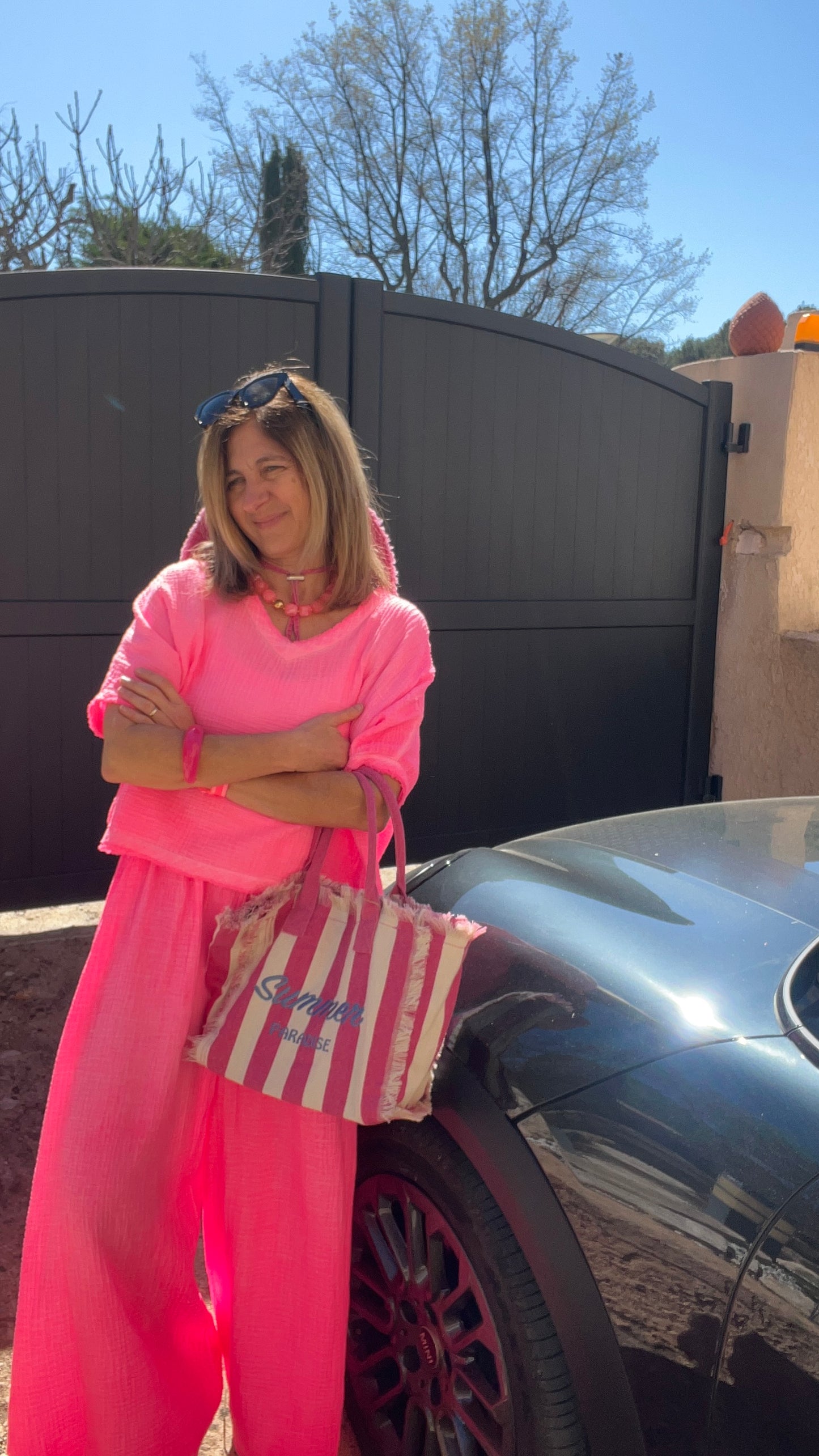 SAC RAYE EN TOILE ROSE/BLANC " SUMMER PARADISE"