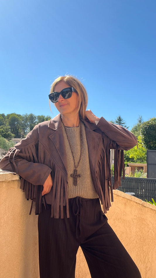 VESTE A FRANGES CHOCOLAT "SUEDINE"