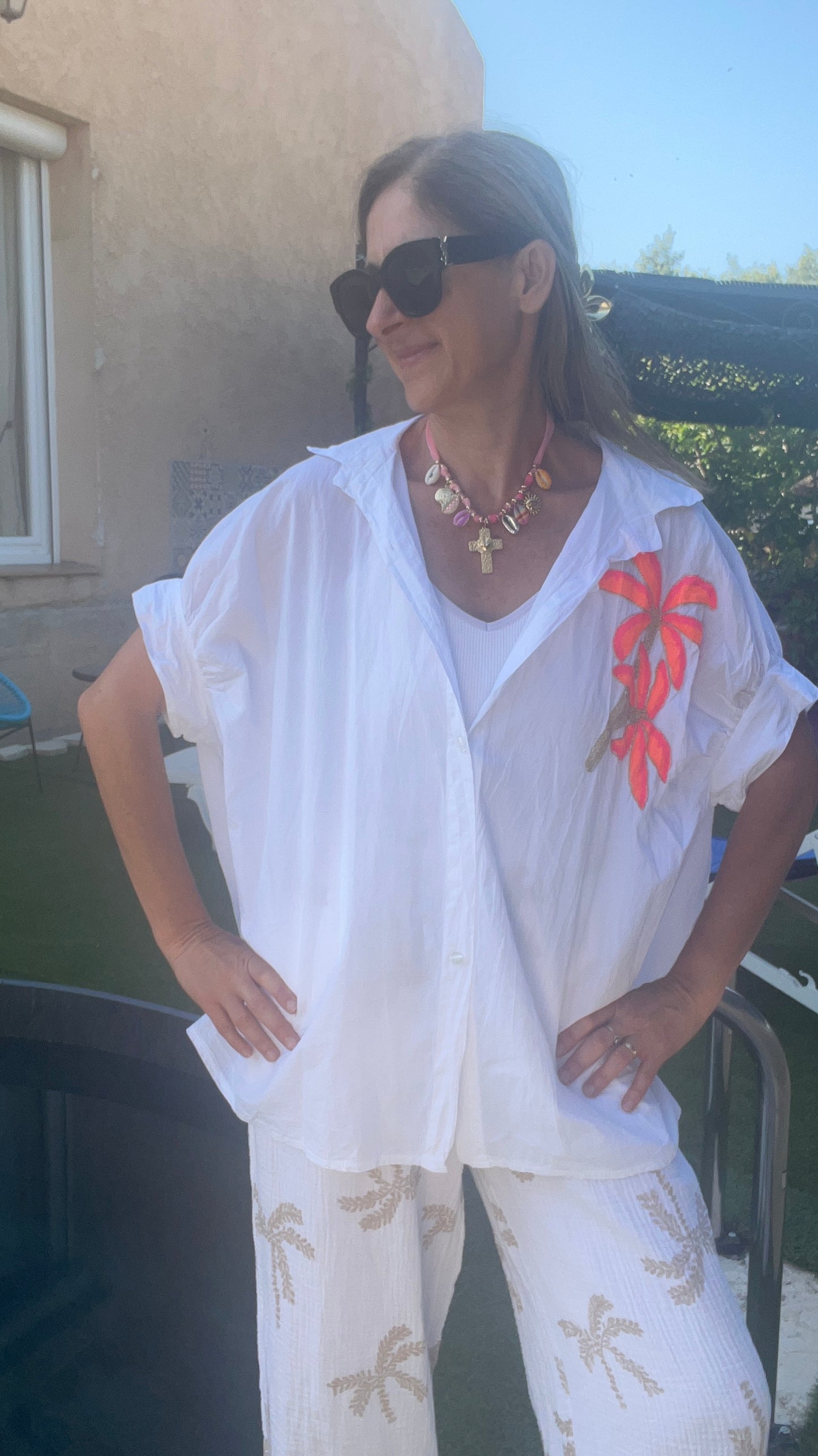 Chemisier/tunique blanc & rose fluo "PALMIER"