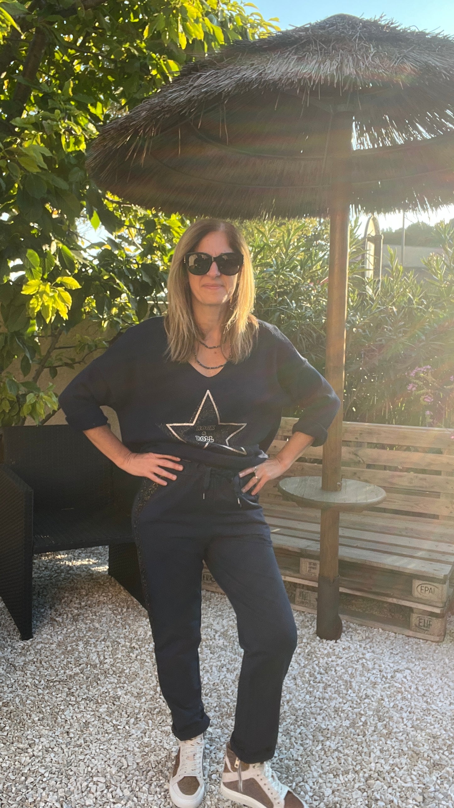 PANTALON BLEU MARINE/DORE