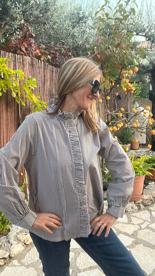 CHEMISIER RAYE CHOCOLAT/BEIGE "PETITS VOLANTS"