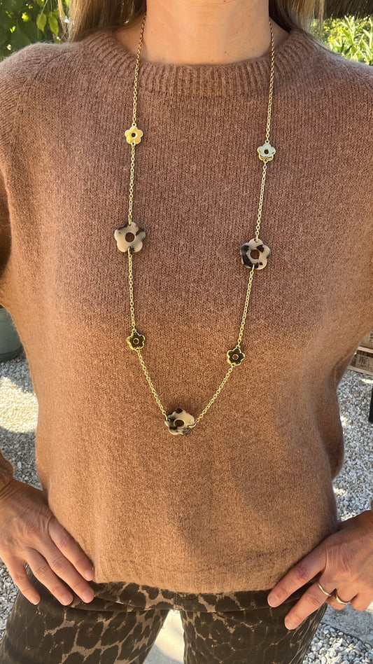 SAUTOIR DORE/BEIGE/NOIR "FLEURS"