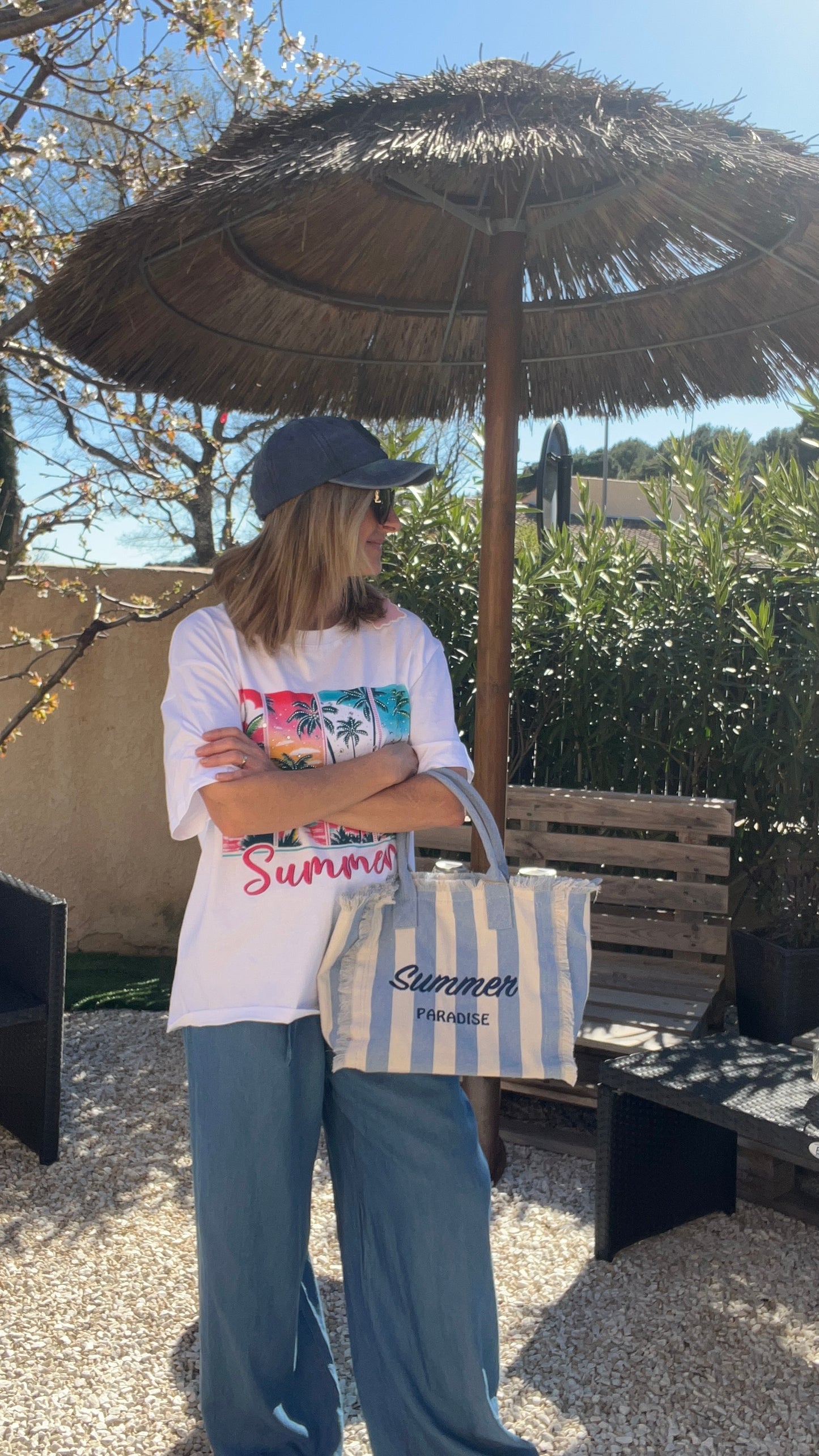 SAC RAYE EN TOILE BLEU/BLANC " SUMMER PARADISE"