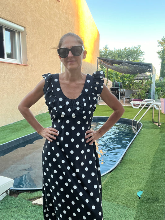 ROBE LONGUE NOIR A POIS BLANC
