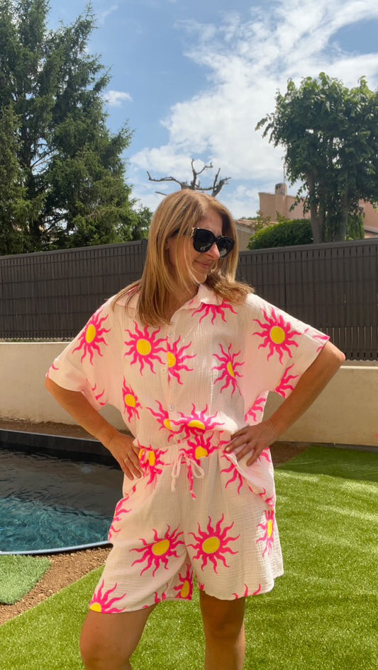 Chemisier blanc/rose "SOLEIL"
