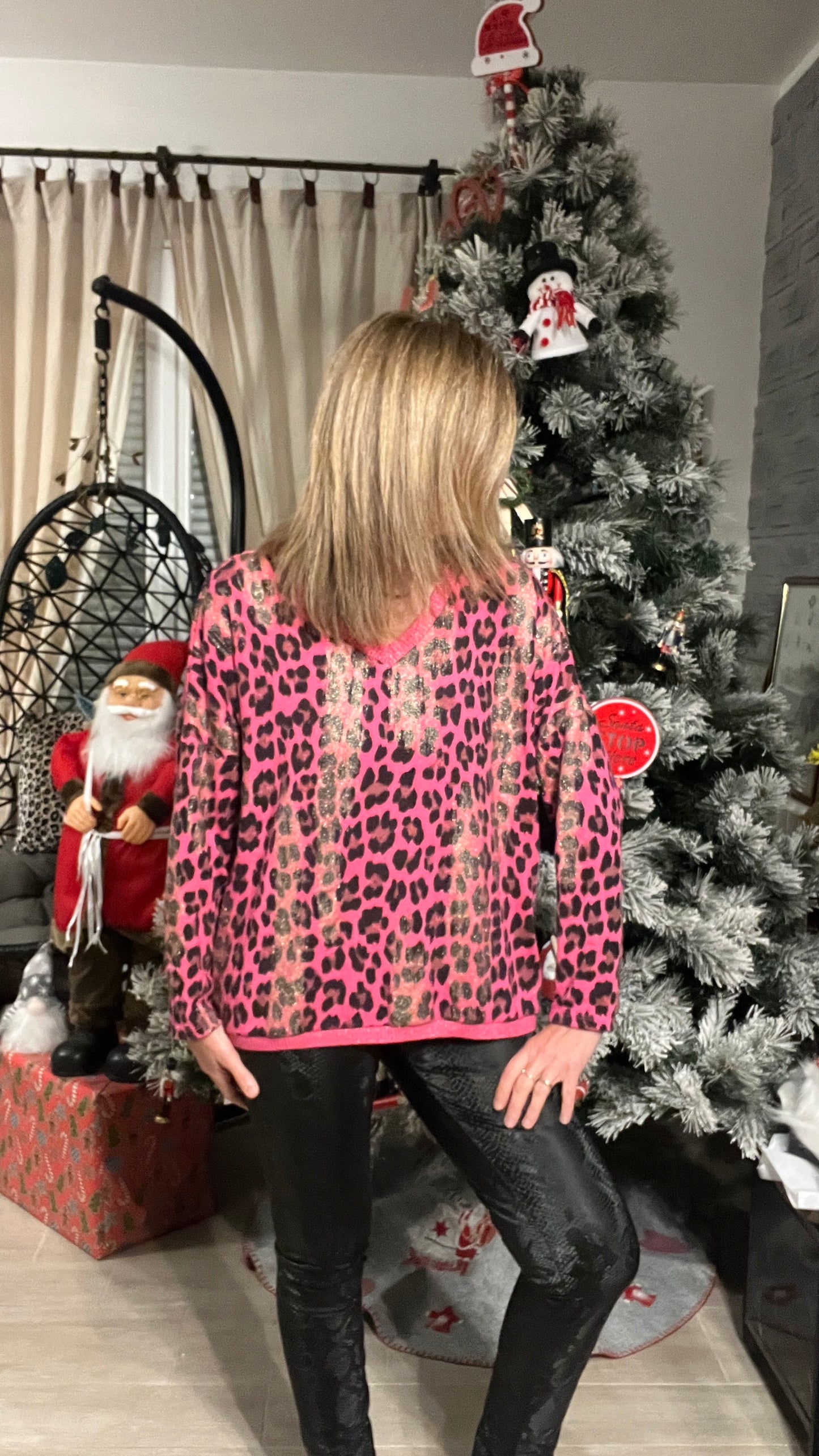 PULL TUNIQUE LEOPARD ROSE FUCHSIA/NOIR/DORE