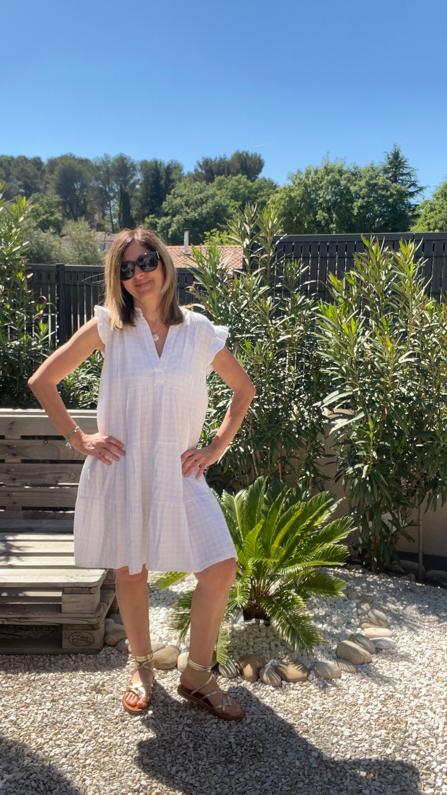 ROBE BLANC/BEIGE GAZE DE COTON