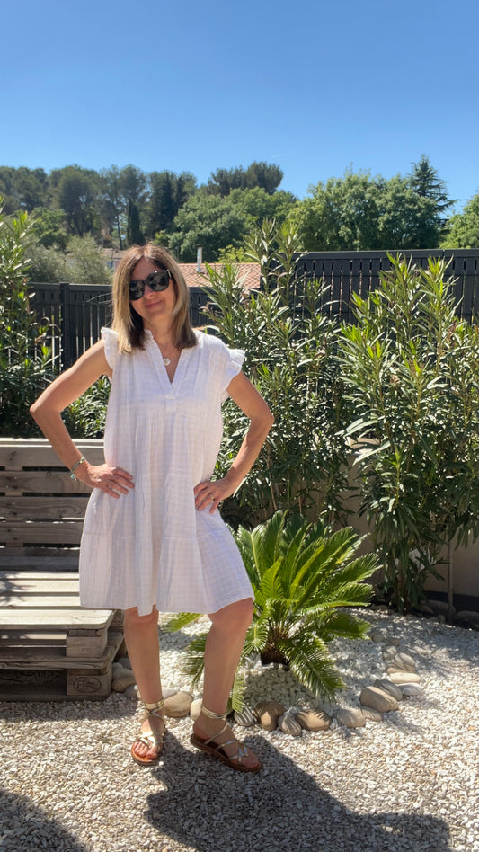 ROBE BLANC/BEIGE GAZE DE COTON
