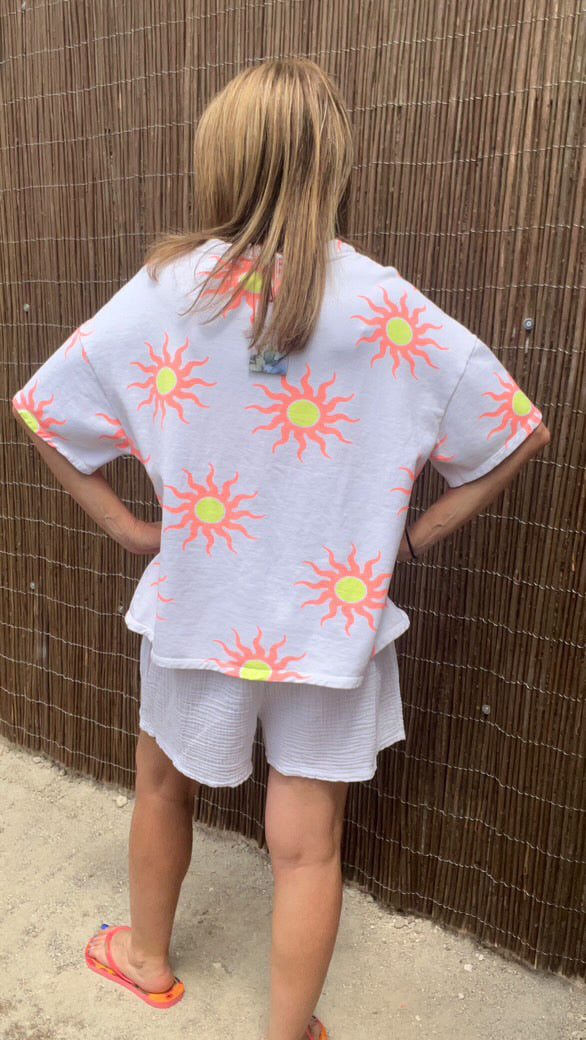 Tee-shirt blanc/orange fluo "Soleil"