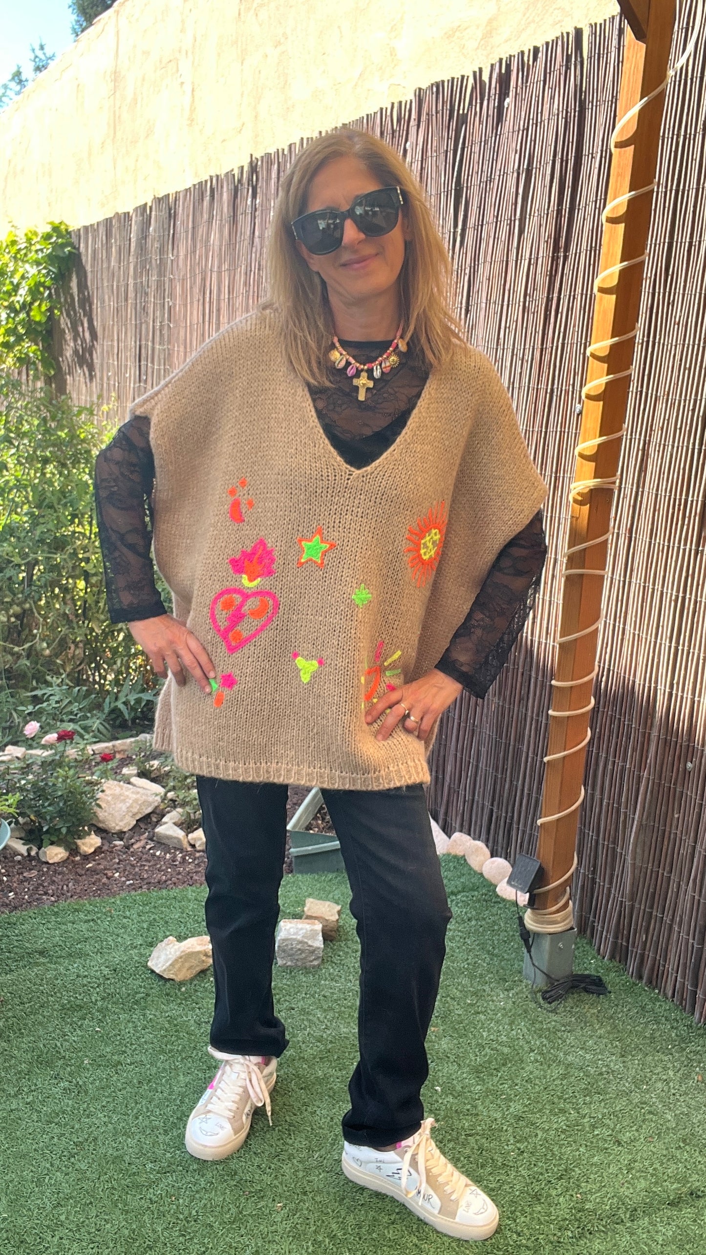 PULL PONCHO BEIGE SANS MANCHES "ETOILE"
