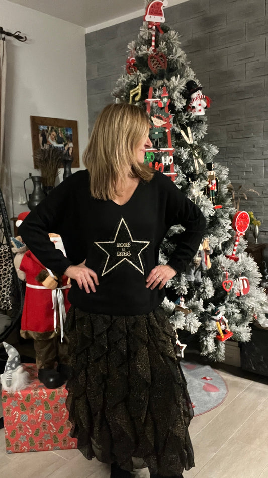 JUPE LONGUE NOIRE/DOREE PAILLETEE A VOLANTS