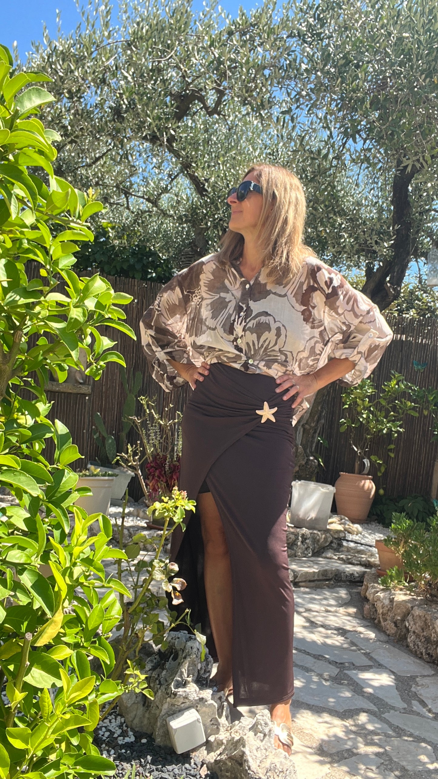 CHEMISIER BEIGE TAUPE MARRON "FLEURI"