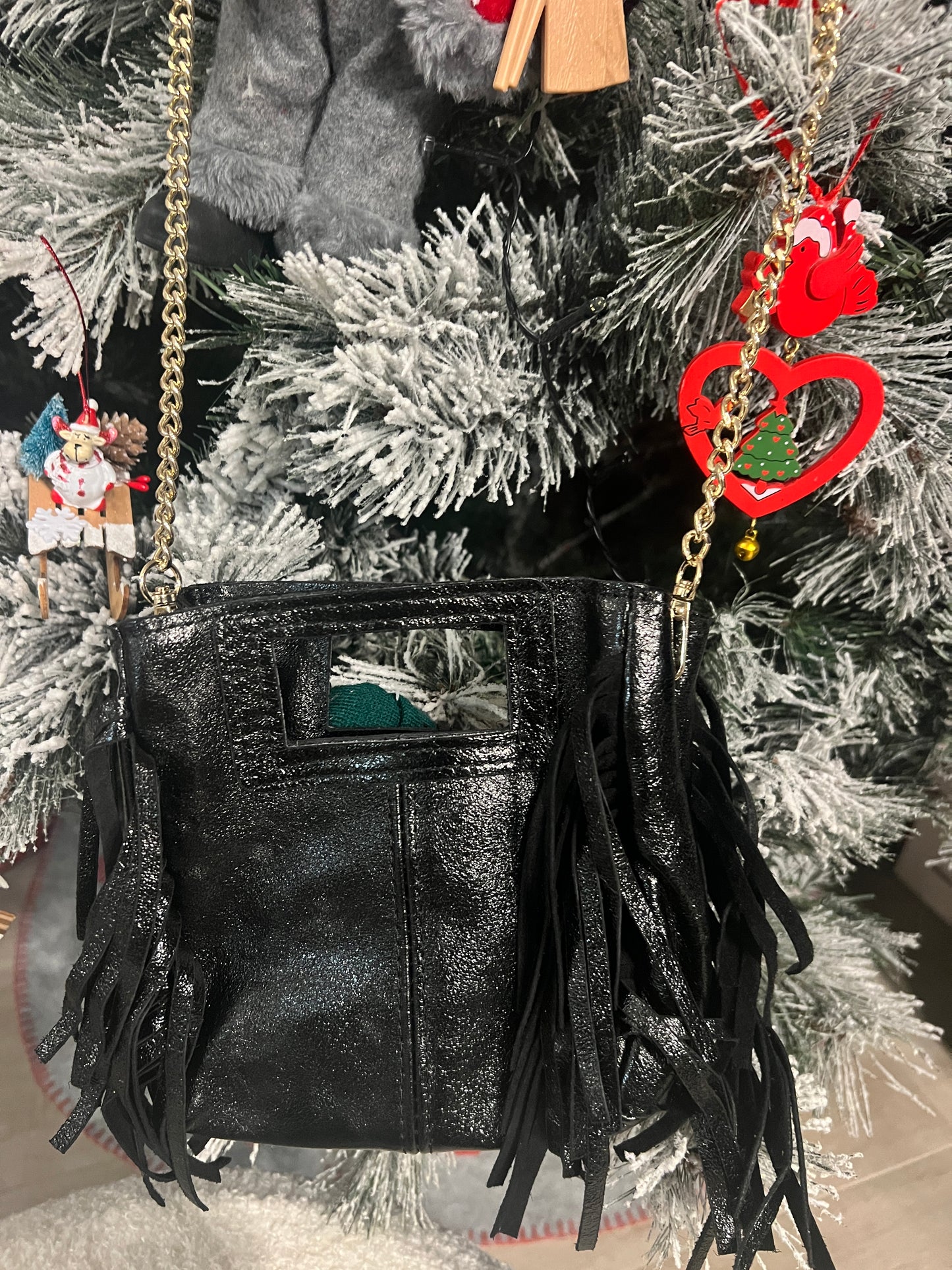 PETIT SAC EN CUIR NOIR A FRANGES