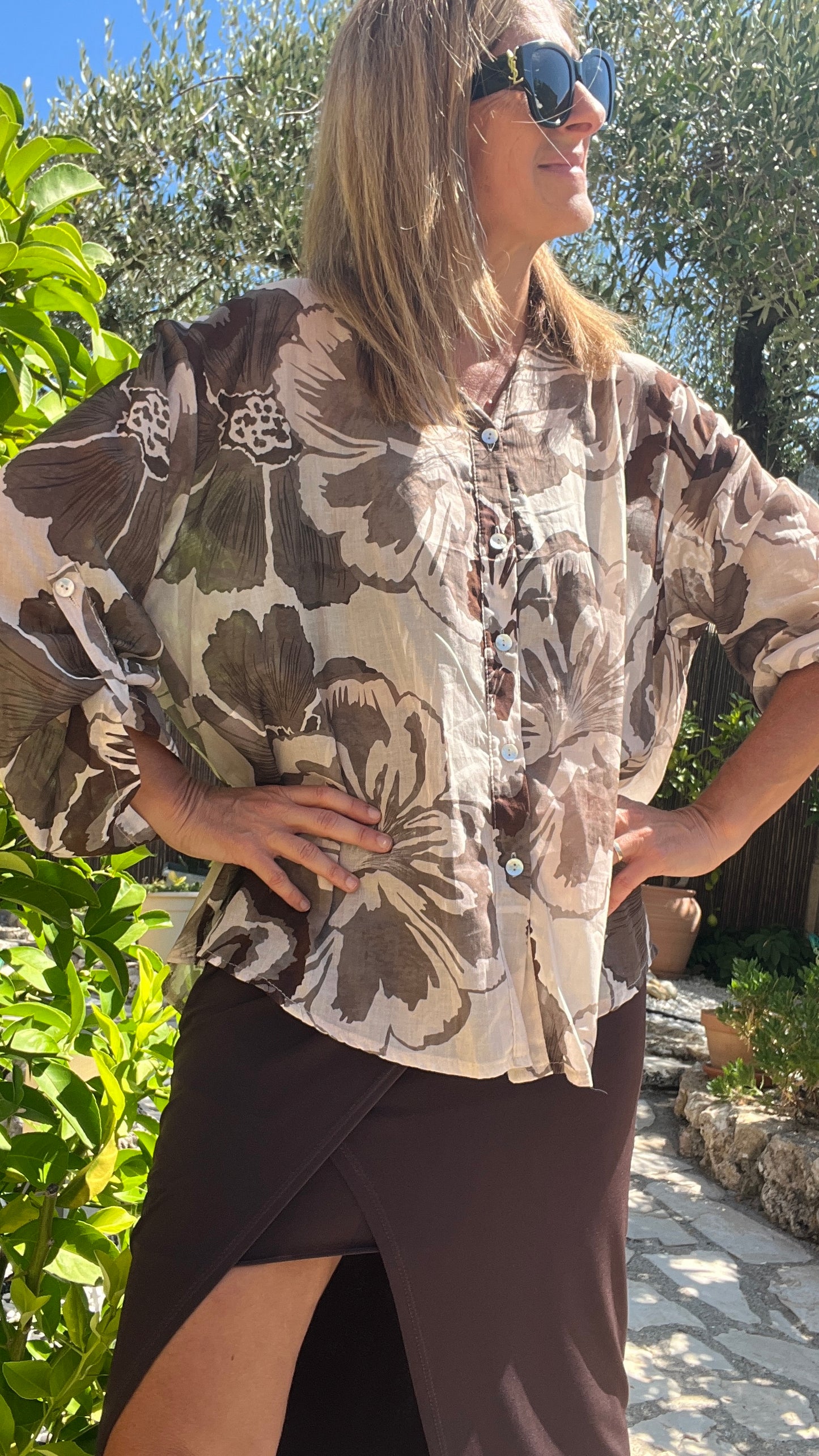CHEMISIER BEIGE TAUPE MARRON "FLEURI"
