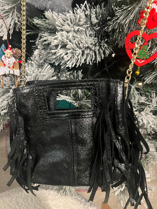 PETIT SAC EN CUIR NOIR A FRANGES