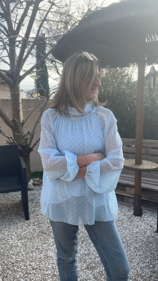 CHEMISIER BLEU A POIS BLANC