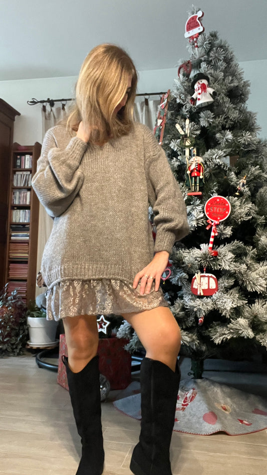 PULL/ROBE OVERSIZE DENTELLE TAUPE
