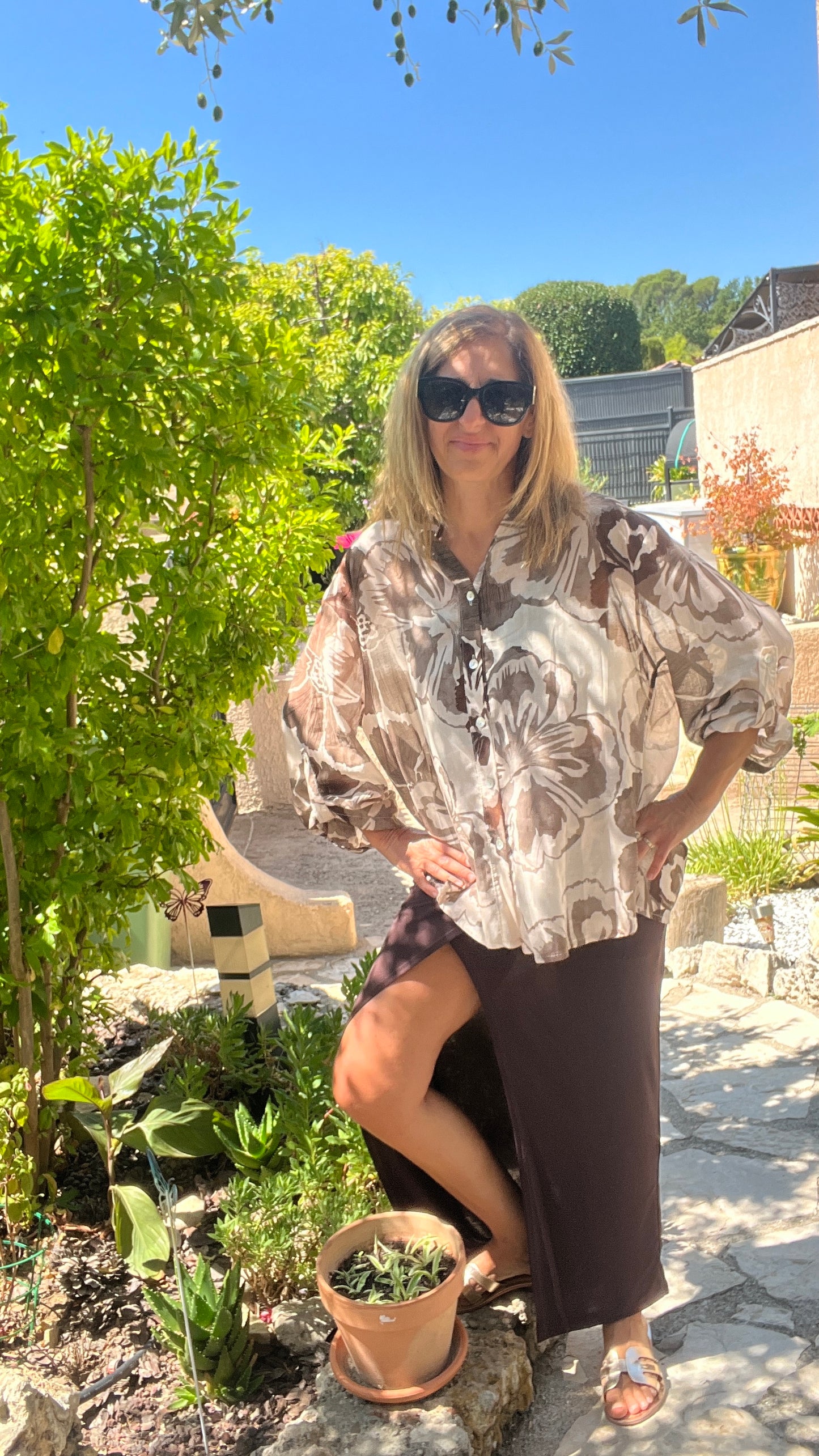 CHEMISIER BEIGE TAUPE MARRON "FLEURI"
