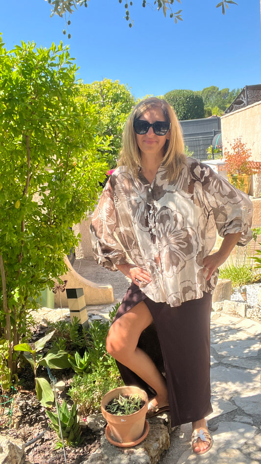 CHEMISIER BEIGE TAUPE MARRON "FLEURI"