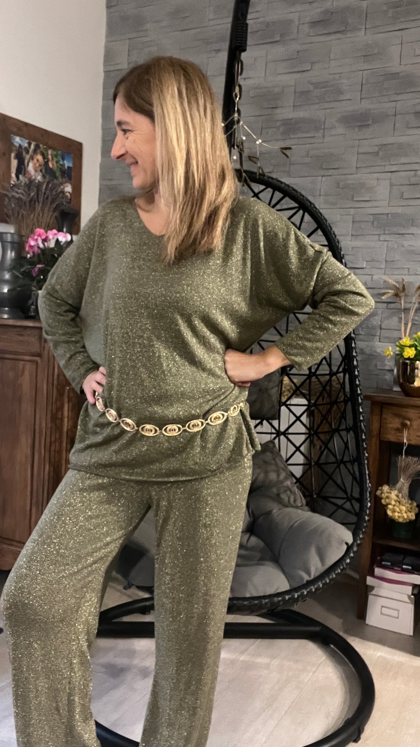 PANTALON FLUIDE PAILLETTES KAKI