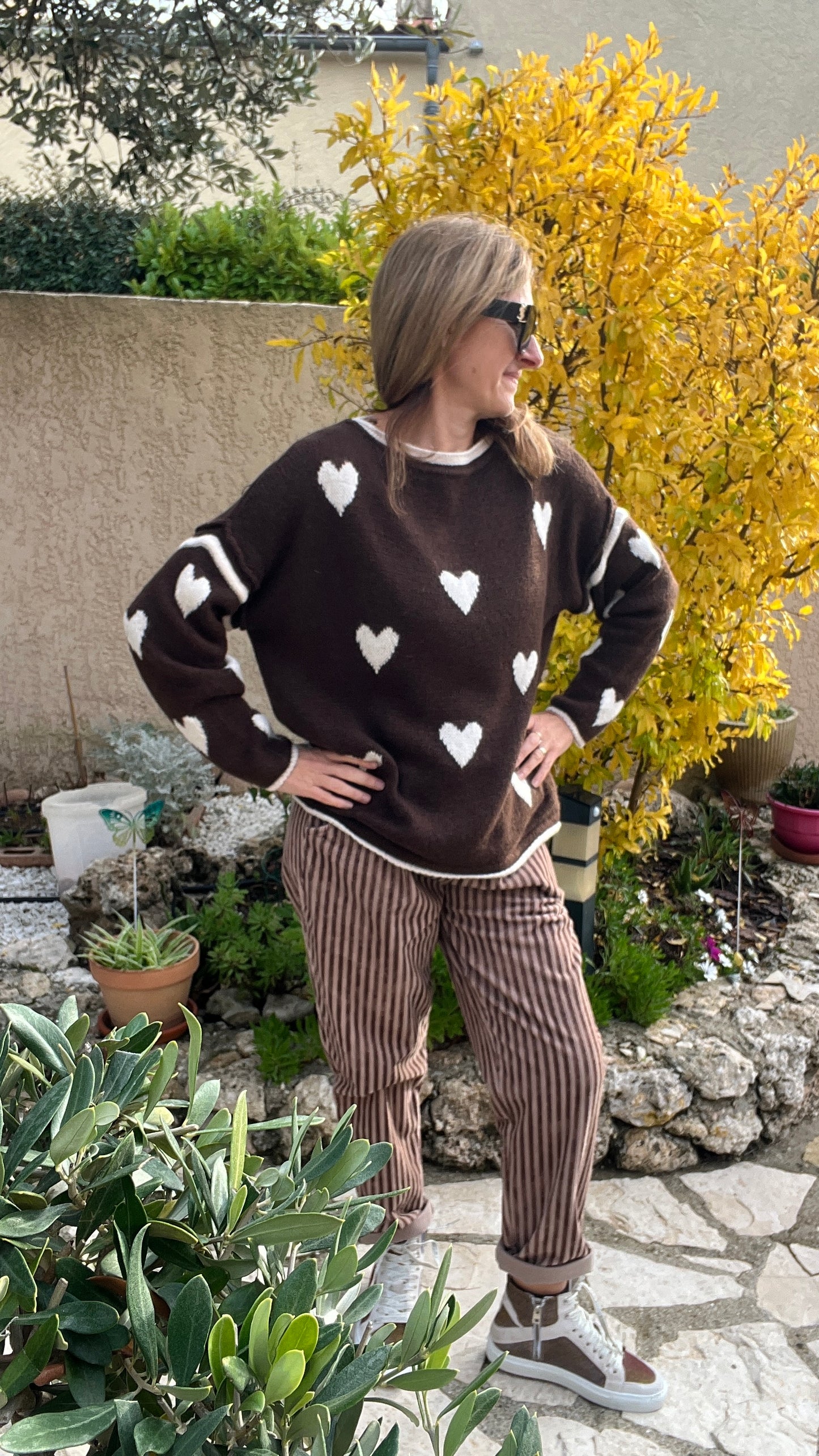 PULL CHOCOLAT/BEIGE COEUR