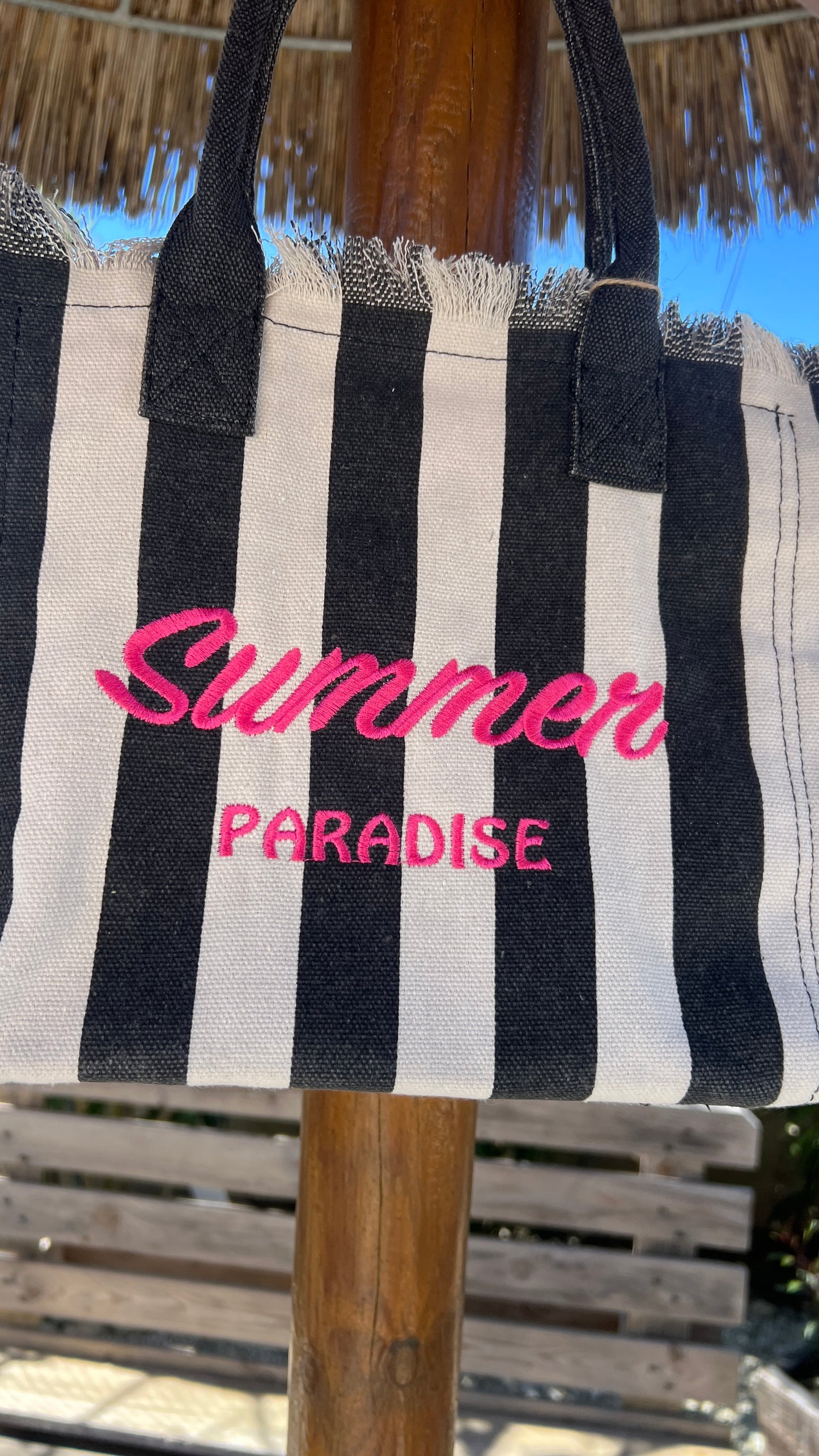 SAC RAYE EN TOILE NOIR/BLANC " SUMMER PARADISE"