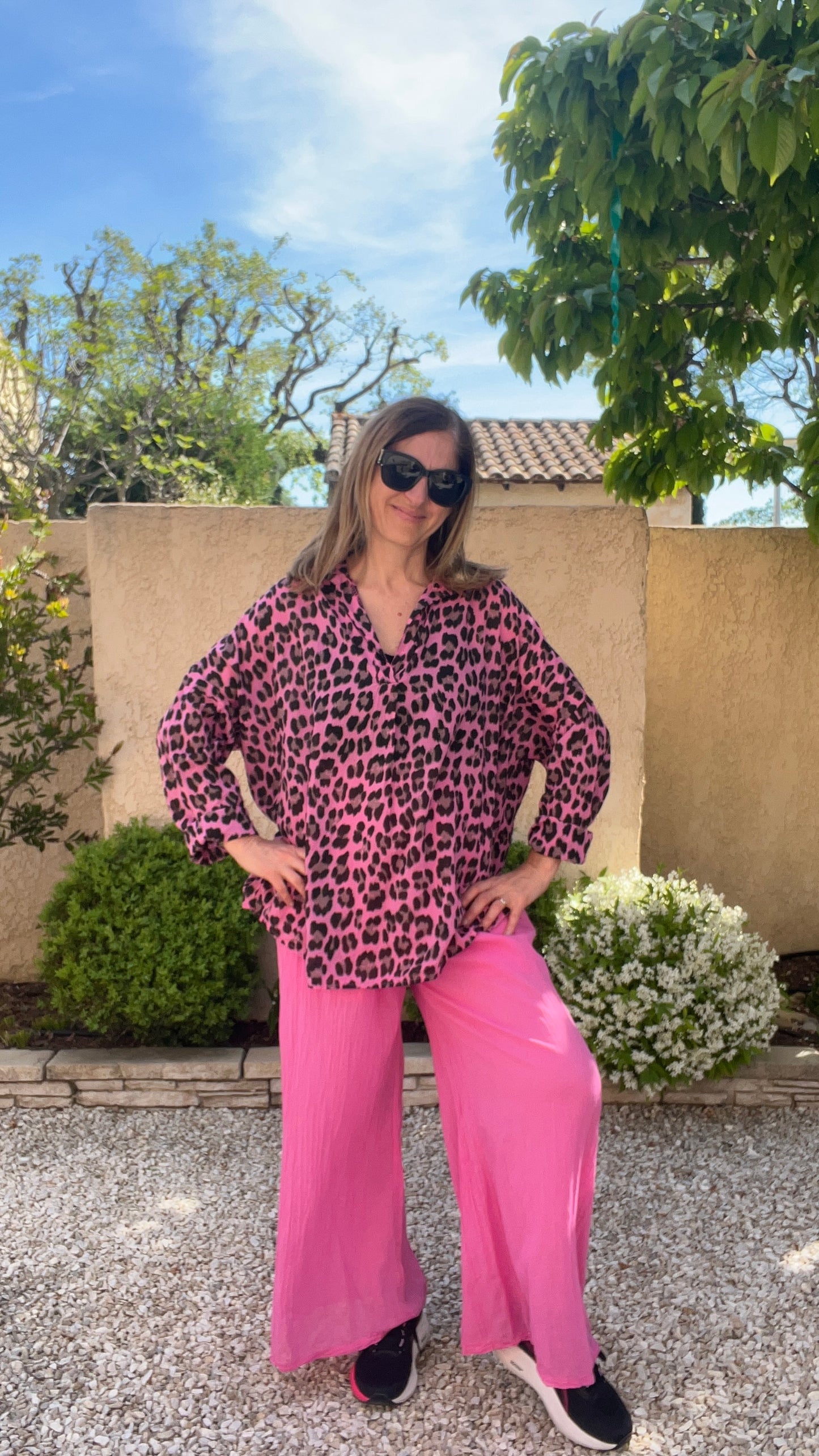 PANTALON FLUIDE EN COTON ROSE "SELENA"