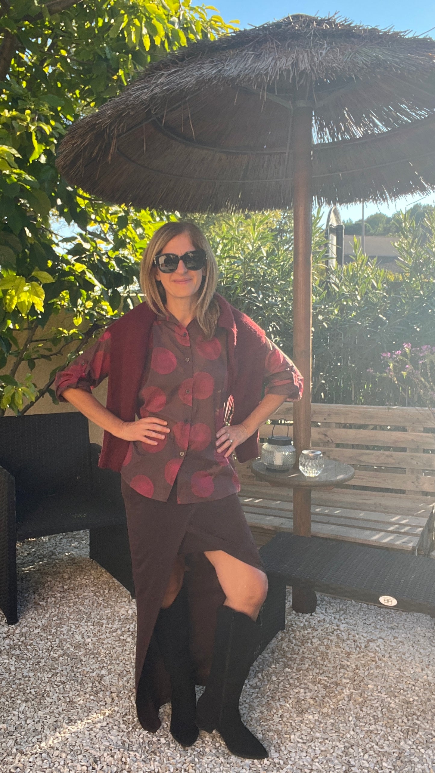 CHEMISIER  CHOCOLAT "A POIS BORDEAUX"