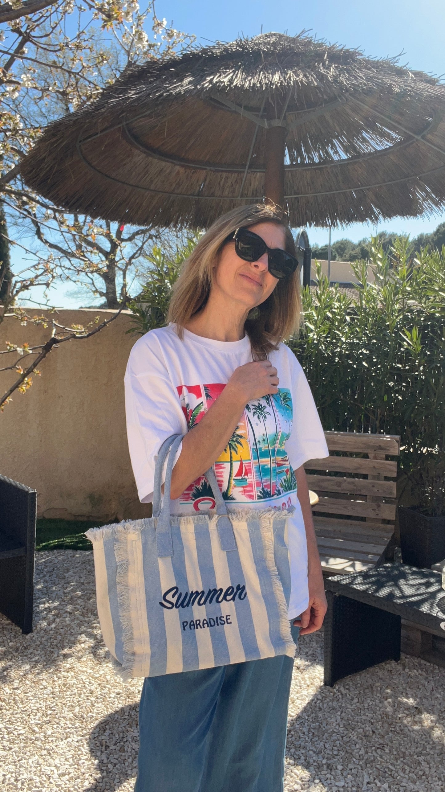 SAC RAYE EN TOILE BLEU/BLANC " SUMMER PARADISE"