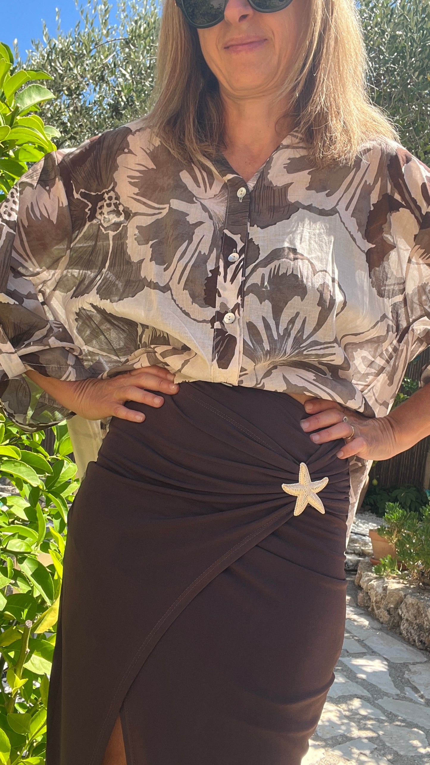 CHEMISIER BEIGE TAUPE MARRON "FLEURI"