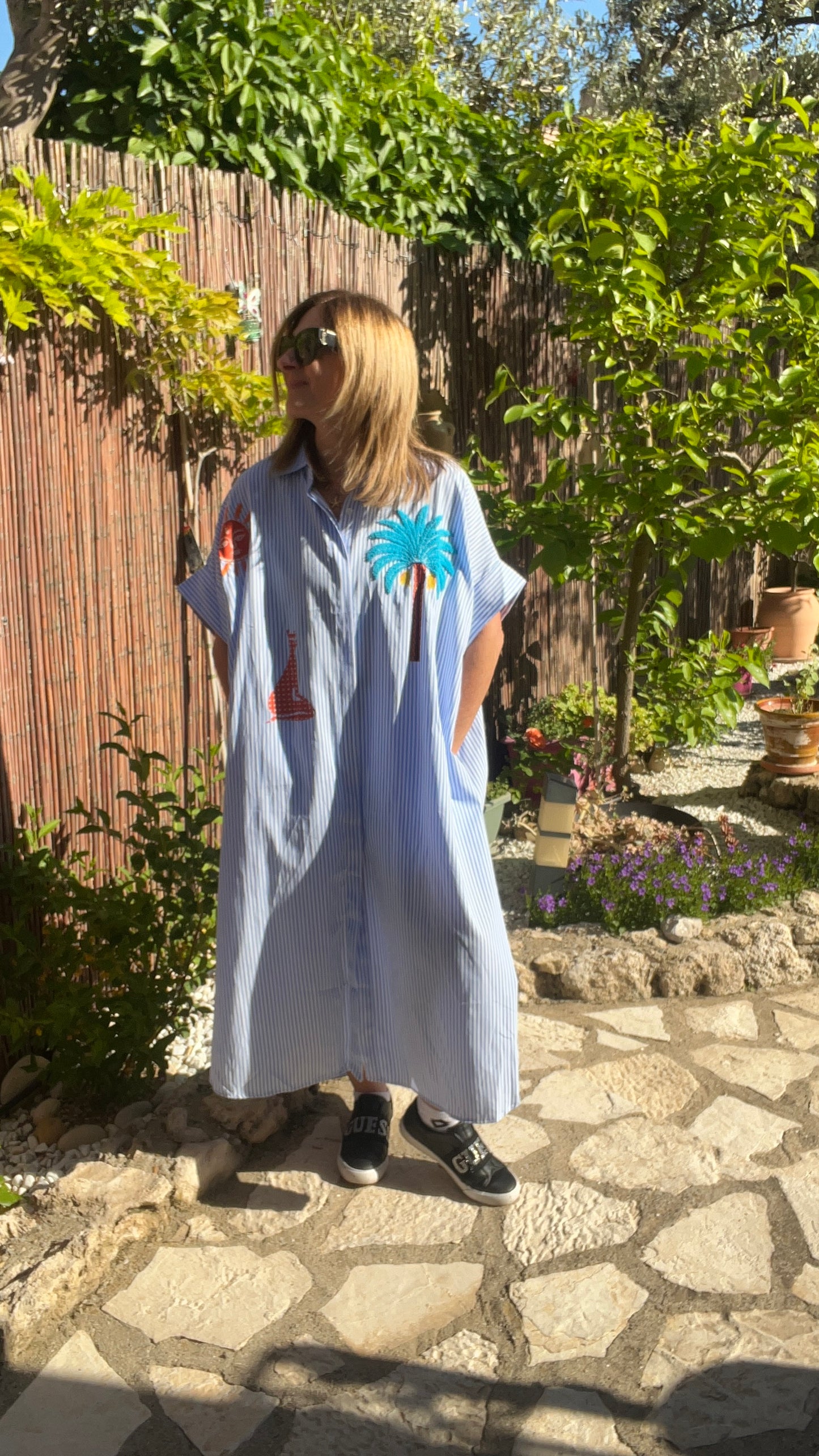 ROBE CHEMISE RAYE BLEU CLAIR/BLANC  "PALMIER"