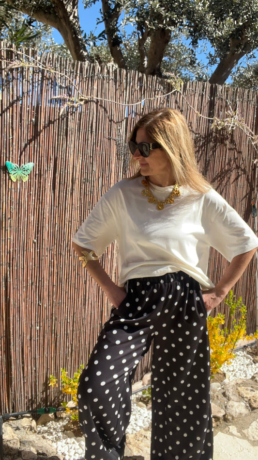 PANTALON STYLE JOGG NOIR A POIS BLANC