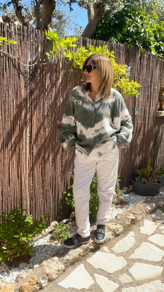 CHEMISIER KAKI/BLANC "TIE AND DYE"