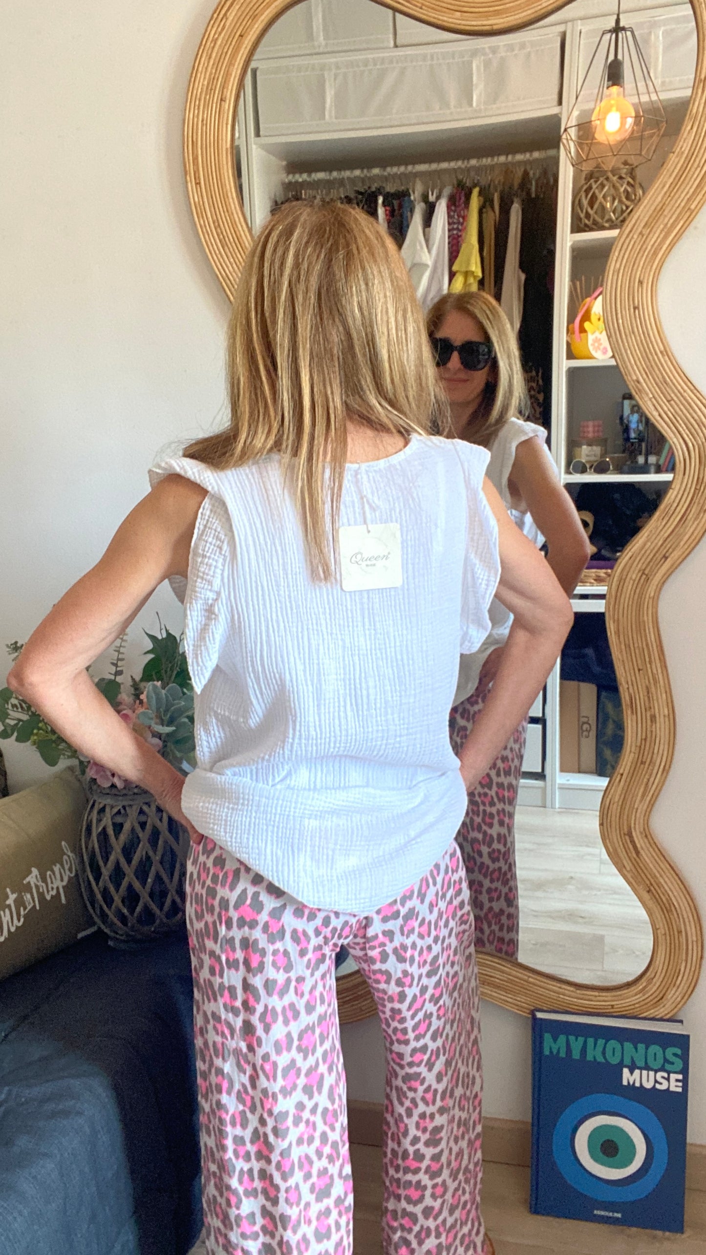 Pantalon fluide kaki/rose fluo "léopard"