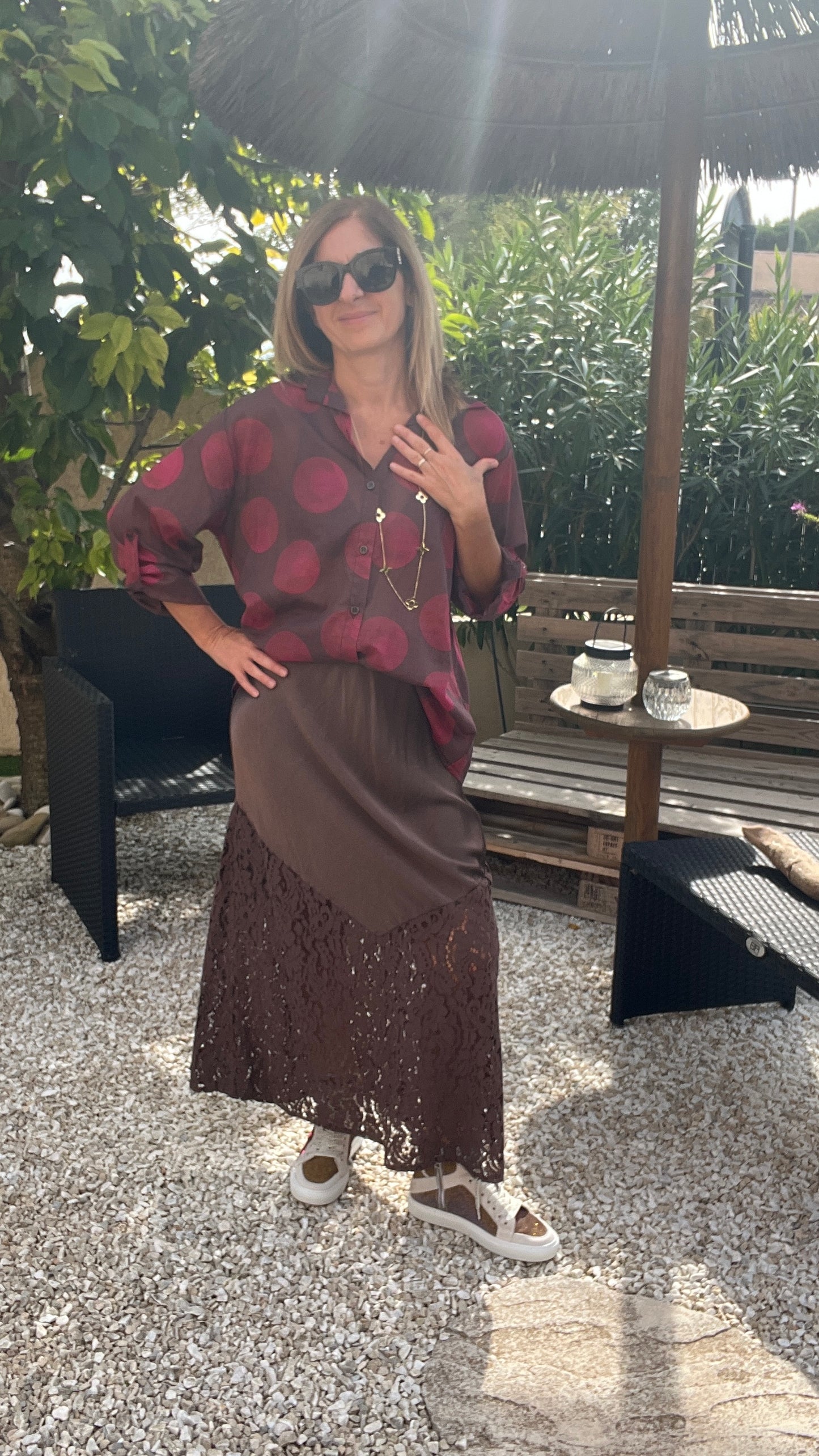 CHEMISIER  CHOCOLAT "A POIS BORDEAUX"