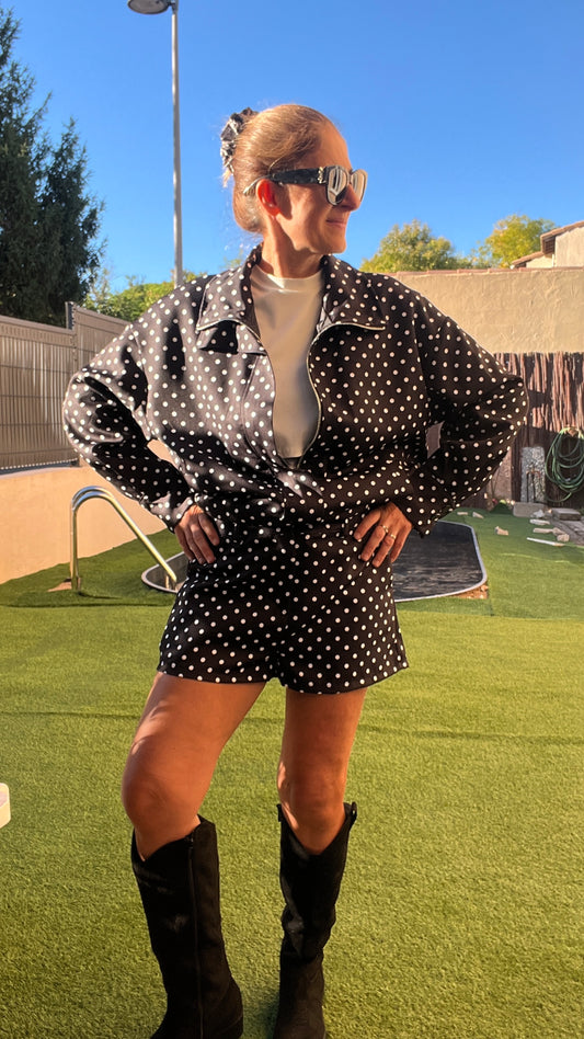 VESTE MANCHES LONGUES NOIR A POIS BLANC "AUTOMNE"