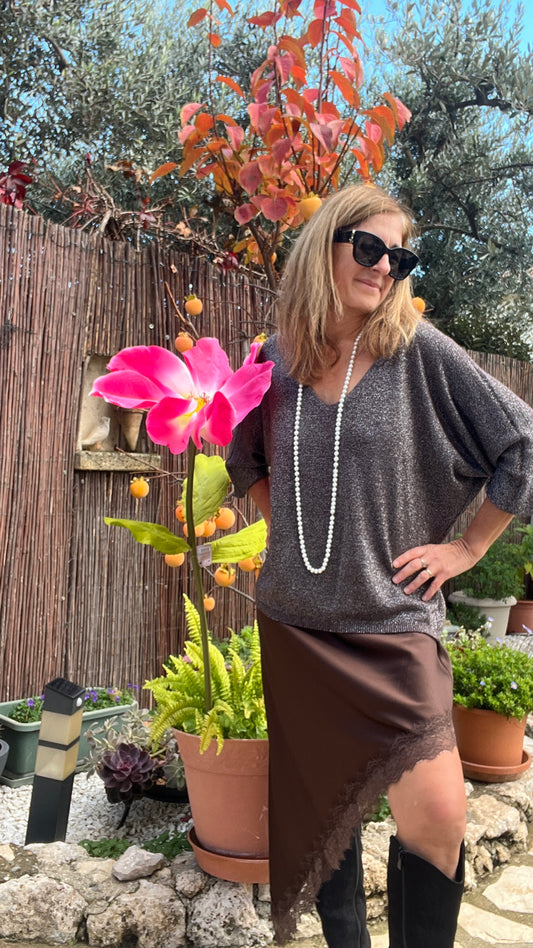 PULL TUNIQUE PAILLETTES CHOCO/ARGENTE